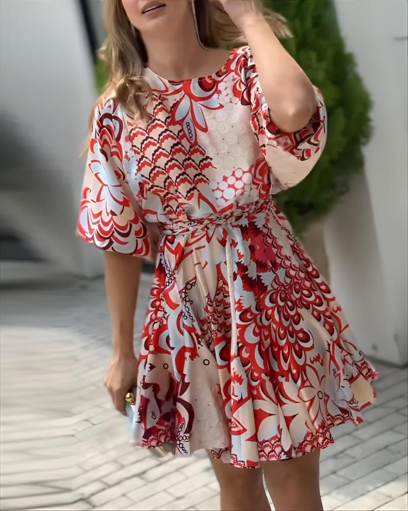 Abstract Print Puff Sleeve Mini Drress Casual Waist A Line Flared Dress