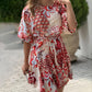 Abstract Print Puff Sleeve Mini Drress Casual Waist A Line Flared Dress