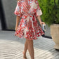 Abstract Print Puff Sleeve Mini Drress Casual Waist A Line Flared Dress
