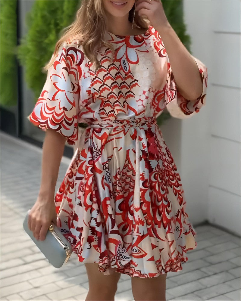 Abstract Print Puff Sleeve Mini Drress Casual Waist A Line Flared Dress