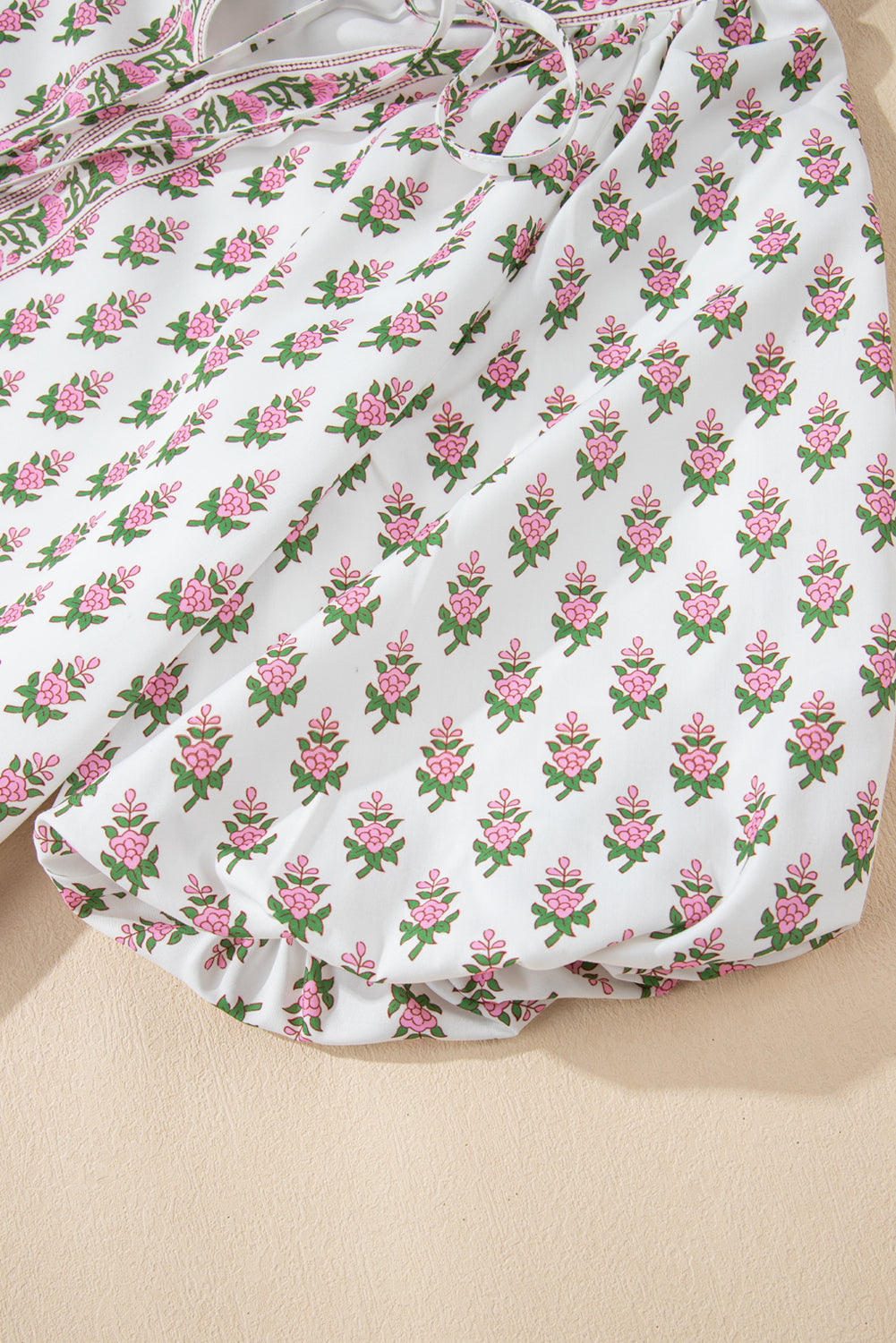 Pink Floral Print Bubble Sleeve Neck Tie Ruffled Dress