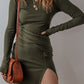 Jungle Green Ribbed Side Slit Ruched Slim Fit Long Sleeve Mini Dress