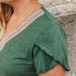 Blackish Green Plus Size Embroidery V Neck Draped Sleeve Blouse