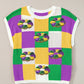 Tillandsia Purple Sequin Doughnut Graphic Colorblock Checkered Short Sleeve Sweater