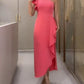 One Shoulder Sleeveless Asymmetrical Ruffles Dress Casual Waist Flowy Midi Dress