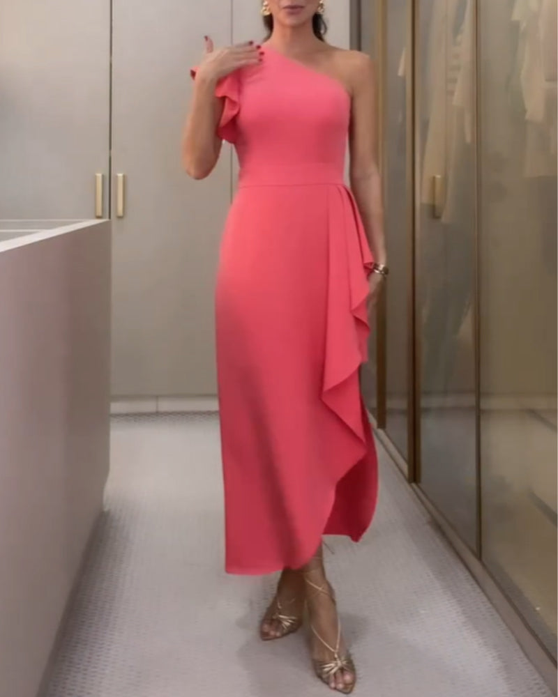 One Shoulder Sleeveless Asymmetrical Ruffles Dress Casual Waist Flowy Midi Dress