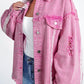 Pink Lace Patchwork Distressed Buttoned Denim Jacket