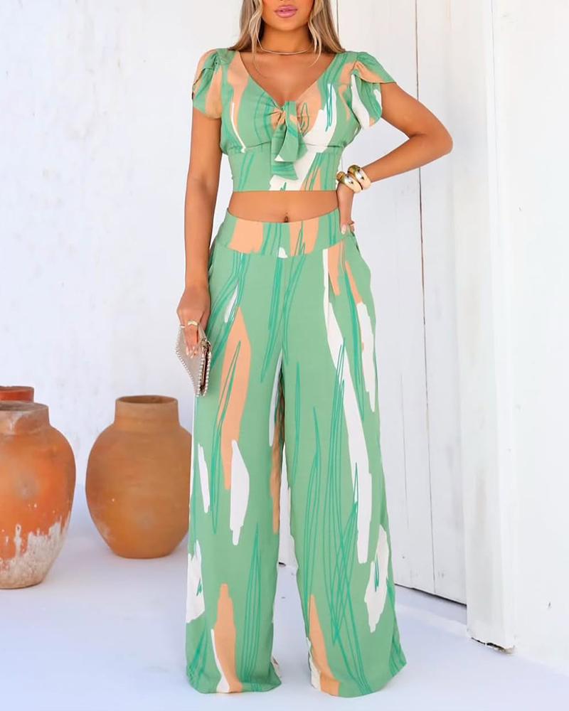 2 Pieces Outfit Colorblock V Neck Tied Detail Crop Top and Casual Wide Leg Pants Set