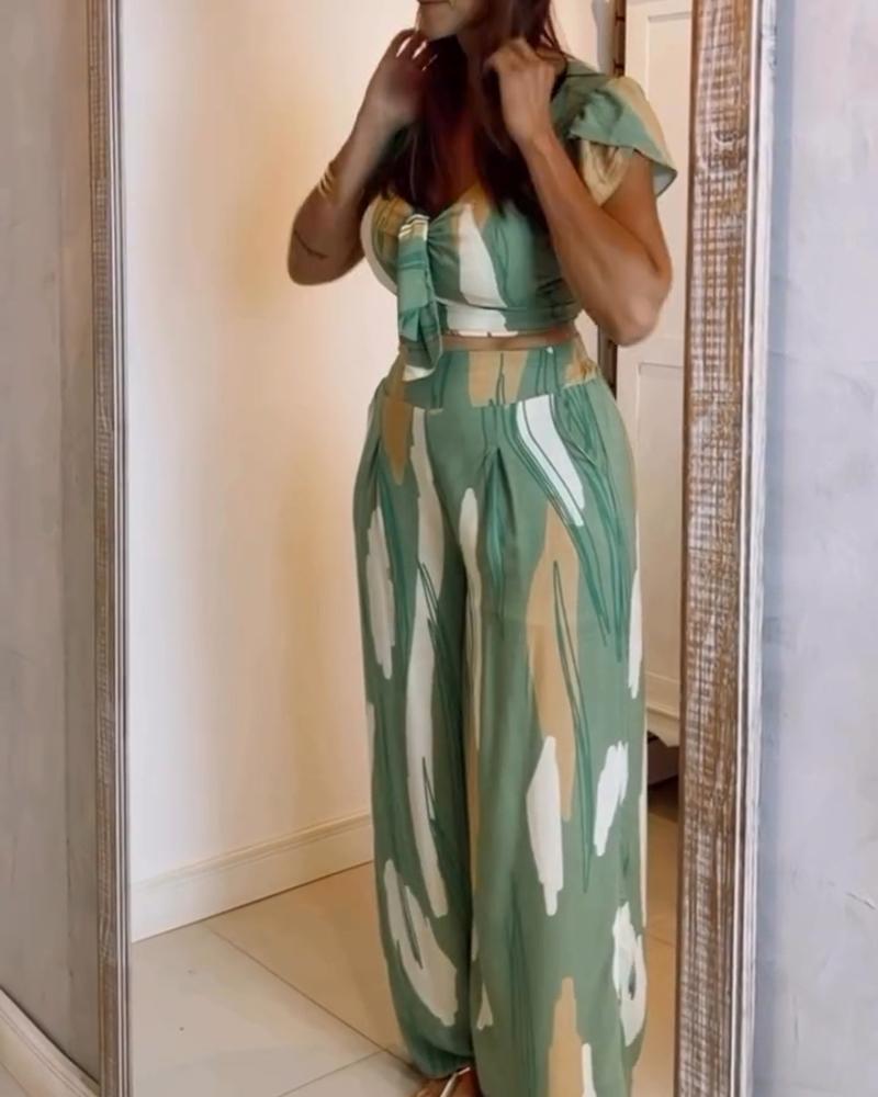 2 Pieces Outfit Colorblock V Neck Tied Detail Crop Top and Casual Wide Leg Pants Set