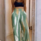 2 Pieces Outfit Colorblock V Neck Tied Detail Crop Top and Casual Wide Leg Pants Set