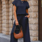 Navy Blue Solid Color Textured Short Sleeve Top and Casual Pants Set