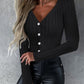 V Neck Long Sleeve Top Button Front Fleece Lined Ribbed Tee