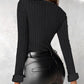 V Neck Long Sleeve Top Button Front Fleece Lined Ribbed Tee