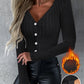 V Neck Long Sleeve Top Button Front Fleece Lined Ribbed Tee