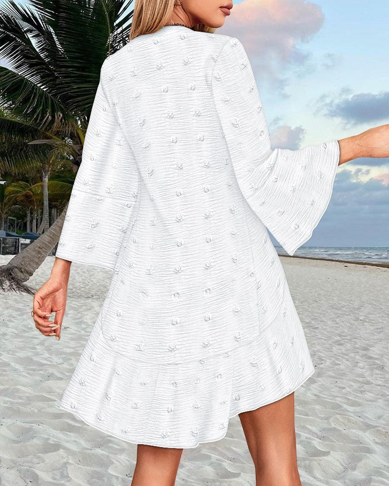 Polka Dot Print V Neck Dip Hem Tied Detail Ruffles Hem Blouse Elegant Top