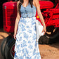 Sky Blue Boho Floral High Waist Ruffle Split Maxi Skirt