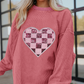 Strawberry Pink Checkerboard Heart Graphic Ribbed Valentines Sweatshirt