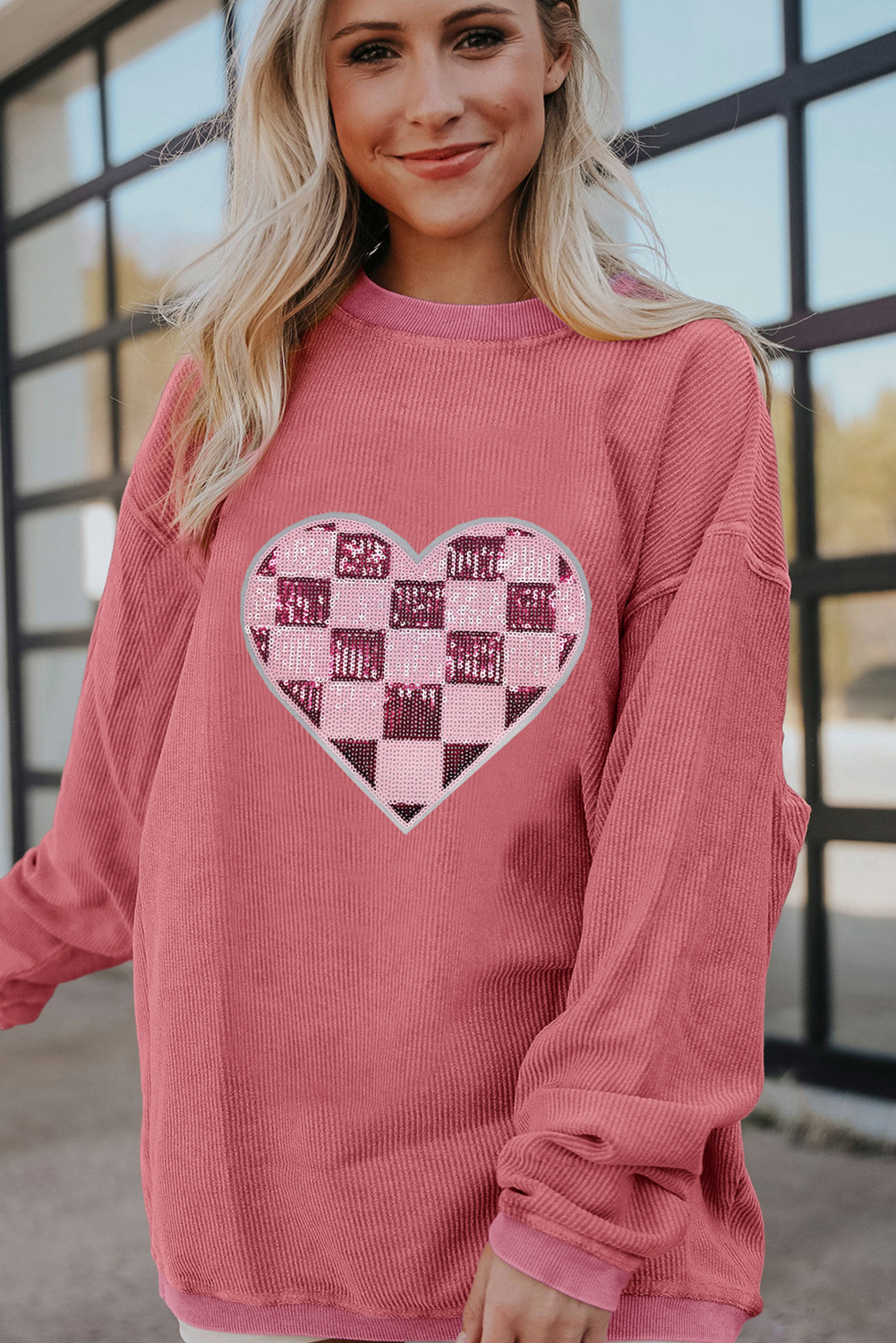 Strawberry Pink Checkerboard Heart Graphic Ribbed Valentines Sweatshirt