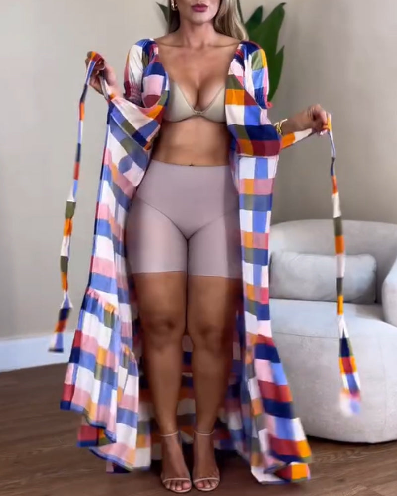 Colorful Plaid Print Overlap V Neck Puff Sleeve Wrap Lace Up Vacation Dress Casual Bow Tie Waist Ruffle Hem Maxi Dress