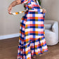 Colorful Plaid Print Overlap V Neck Puff Sleeve Wrap Lace Up Vacation Dress Casual Bow Tie Waist Ruffle Hem Maxi Dress