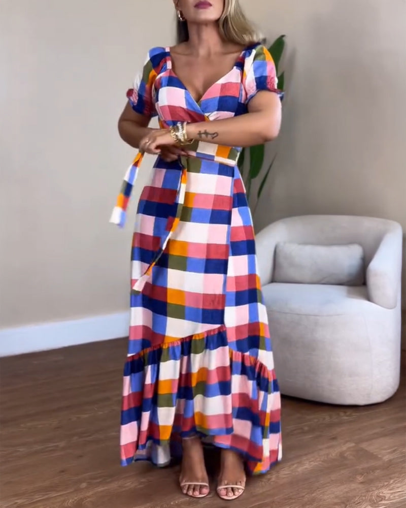 Colorful Plaid Print Overlap V Neck Puff Sleeve Wrap Lace Up Vacation Dress Casual Bow Tie Waist Ruffle Hem Maxi Dress
