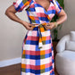Colorful Plaid Print Overlap V Neck Puff Sleeve Wrap Lace Up Vacation Dress Casual Bow Tie Waist Ruffle Hem Maxi Dress
