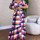 Colorful Plaid Print Overlap V Neck Puff Sleeve Wrap Lace Up Vacation Dress Casual Bow Tie Waist Ruffle Hem Maxi Dress