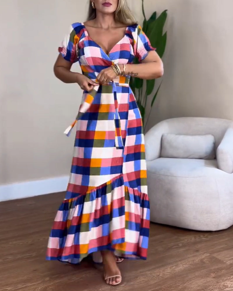 Colorful Plaid Print Overlap V Neck Puff Sleeve Wrap Lace Up Vacation Dress Casual Bow Tie Waist Ruffle Hem Maxi Dress