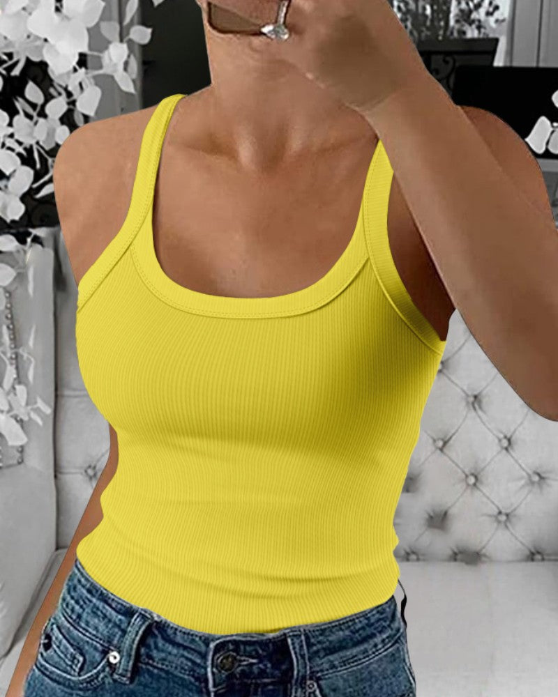 Scoop Neck Spaghetti Strap Ribbed Top Casual Sleeveless Slim Fit Tank