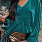 Sea Green Velvet V Neck Peplum Hem Puff Sleeve Blouse