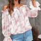 Butterfly Print Contrast Lace Off Shoulder Lantern Sleeve Tied Detail Blouse Casual Top