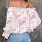 Butterfly Print Contrast Lace Off Shoulder Lantern Sleeve Tied Detail Blouse Casual Top