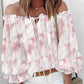 Butterfly Print Contrast Lace Off Shoulder Lantern Sleeve Tied Detail Blouse Casual Top