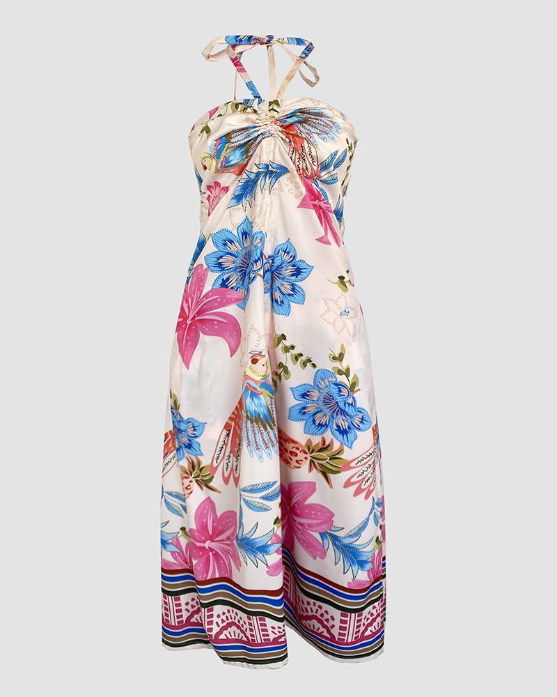 2 Pieces Outfit Floral Print Halter Slit Long Top and Casual Drawstring Shorts Set with Pockets