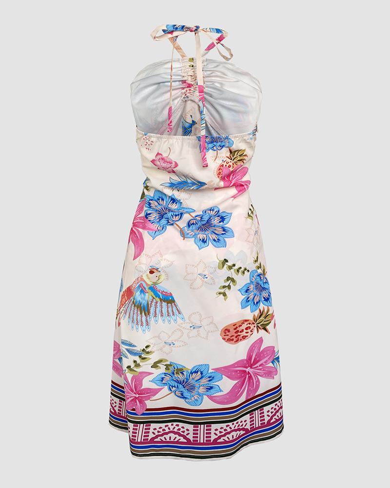 2 Pieces Outfit Floral Print Halter Slit Long Top and Casual Drawstring Shorts Set with Pockets