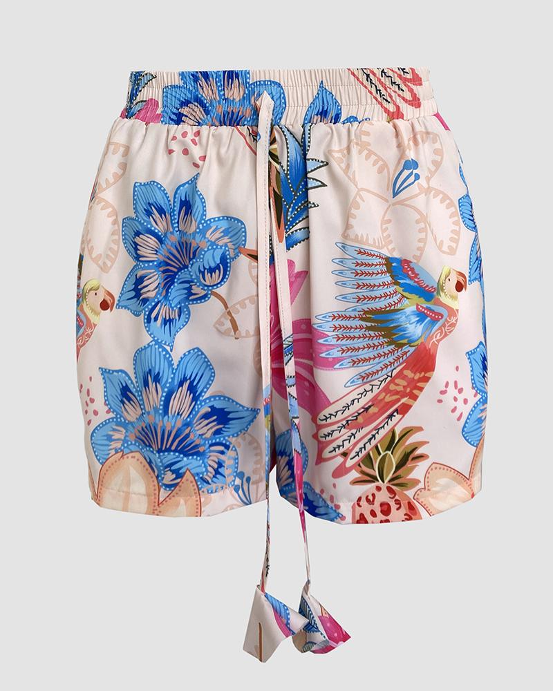 2 Pieces Outfit Floral Print Halter Slit Long Top and Casual Drawstring Shorts Set with Pockets