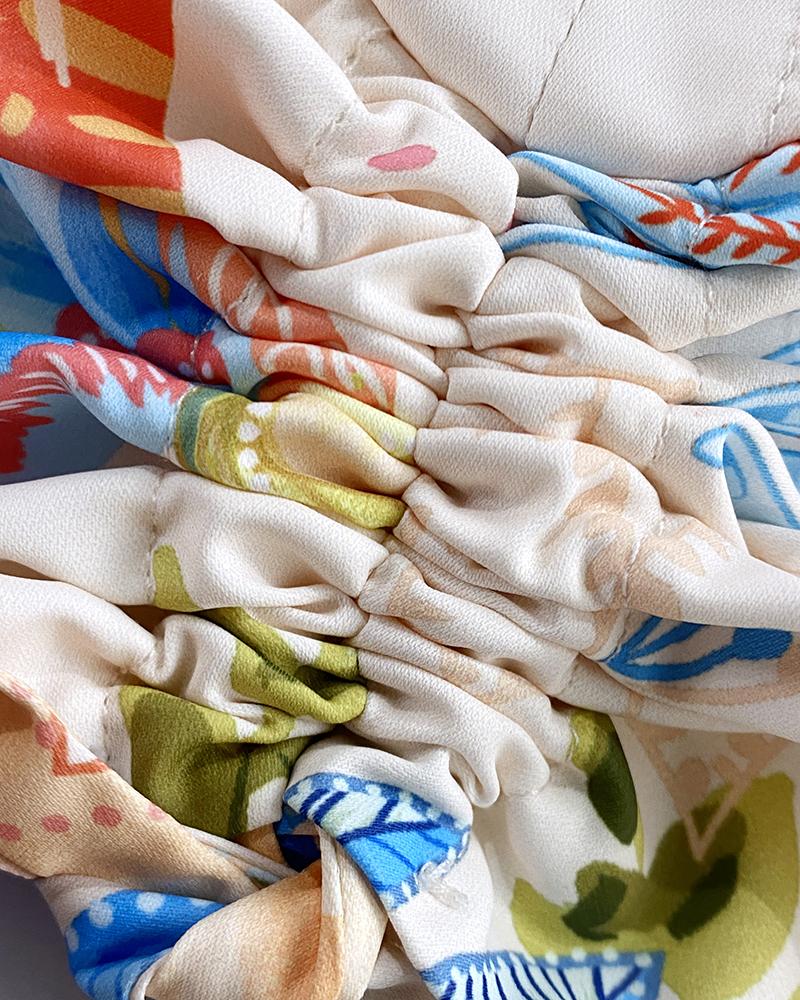 2 Pieces Outfit Floral Print Halter Slit Long Top and Casual Drawstring Shorts Set with Pockets