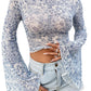 Sky Blue Floral Bell Sleeve Mock Neck Crop Mesh Top