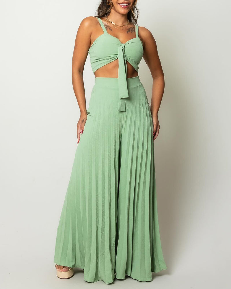 2 Pieces Outfit Cold Shoulder Tied Detail Shirred Top and Elastic waist Fold Wide Leg Pants Set