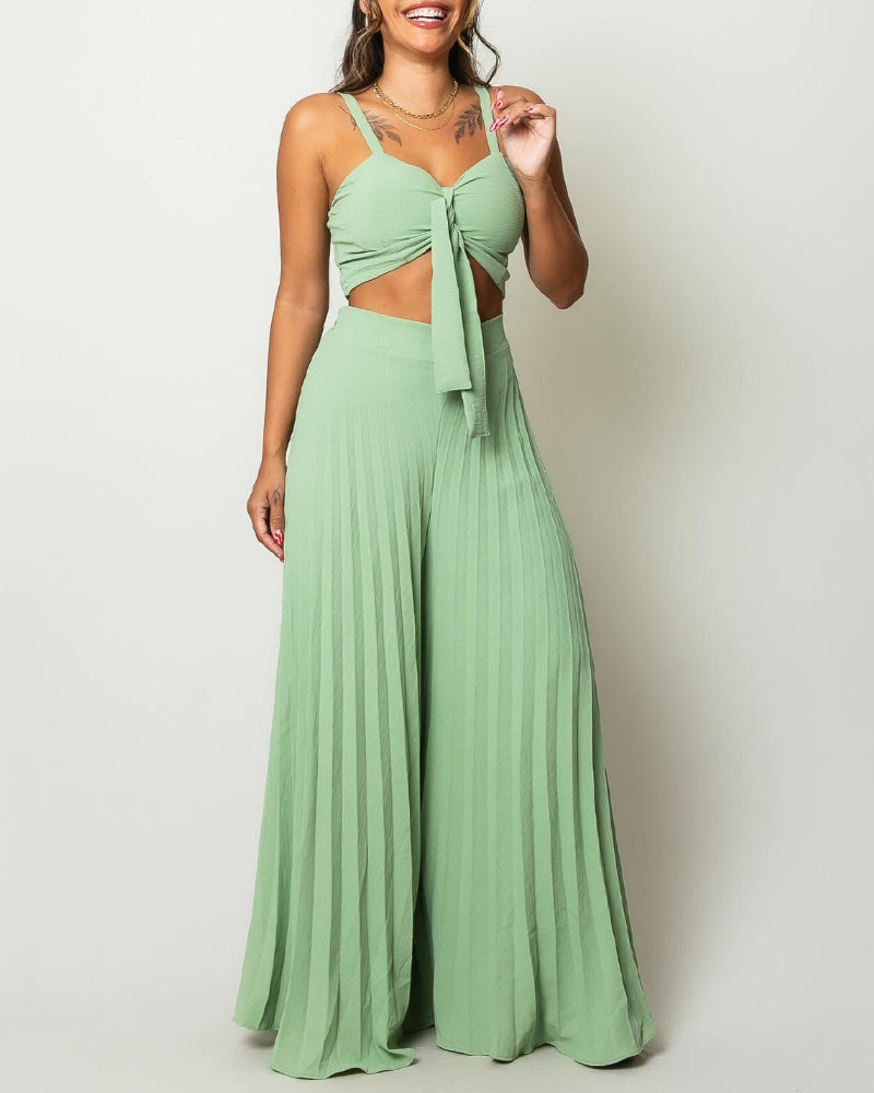 2 Pieces Outfit Cold Shoulder Tied Detail Shirred Top and Elastic waist Fold Wide Leg Pants Set