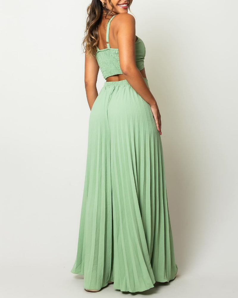 2 Pieces Outfit Cold Shoulder Tied Detail Shirred Top and Elastic waist Fold Wide Leg Pants Set