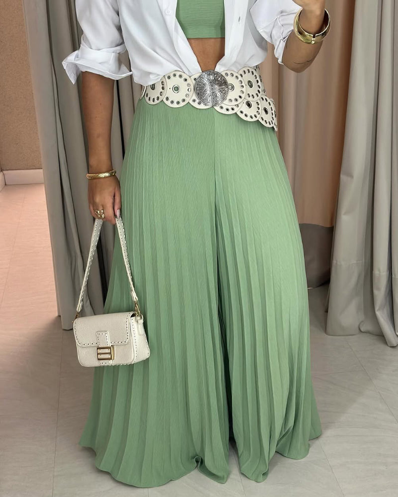2 Pieces Outfit Cold Shoulder Tied Detail Shirred Top and Elastic waist Fold Wide Leg Pants Set
