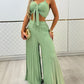2 Pieces Outfit Cold Shoulder Tied Detail Shirred Top and Elastic waist Fold Wide Leg Pants Set