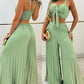 2 Pieces Outfit Cold Shoulder Tied Detail Shirred Top and Elastic waist Fold Wide Leg Pants Set