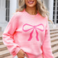 Pink Bow Graphic Drop Shoulder Round Neck Sweater