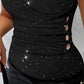 Glitter Buckled V Neck Sleeveless Top Criss Cross Button Decor Ruched Tee