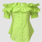 Off Shoulder Layered Ruffles Button down Asymmetrical Hem Top
