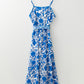 Blue Floral Printed Spaghetti Strap Maxi Dress with Waist Tie