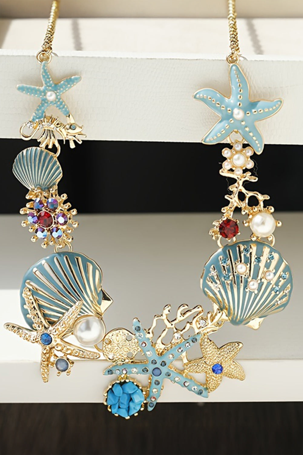 Light Blue Seashell Starfish Pearl Decor Alloy Adjustable Necklace