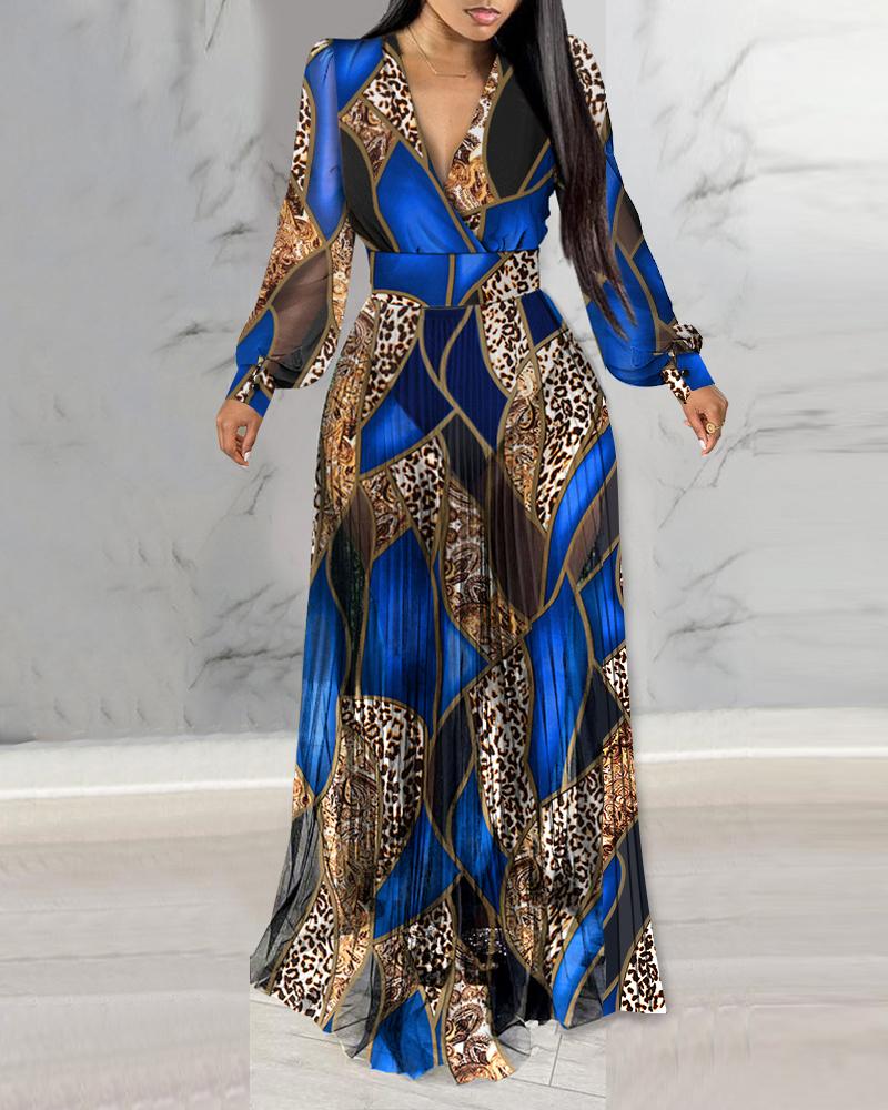 Leopard Floral Print Lantern Sleeve Sheer V Neck Pleated Maxi Dress Elegant Evening Dress